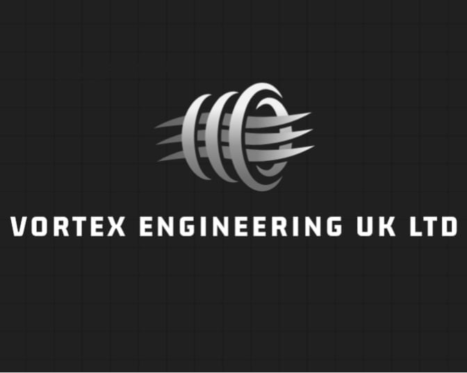 Vortex Engineering UK Ltd logo featuring a stylized spiral vortex design in white on dark background